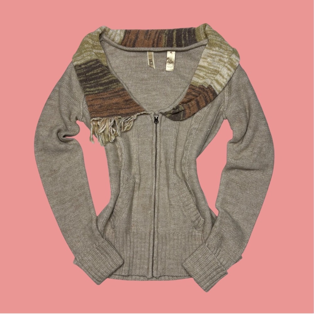 BKE Tan Wool Blend Zip Up Cable Knit Cardigan Sweater Striped Fringe Collar L